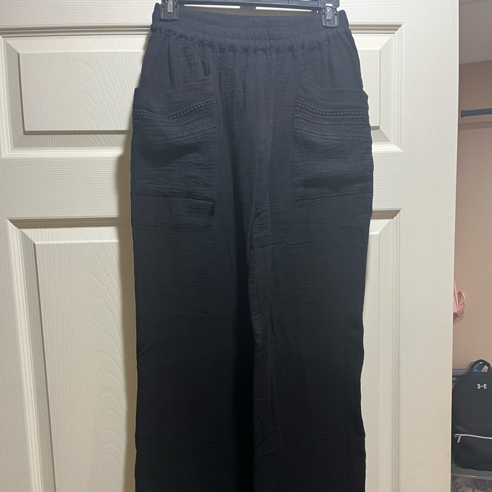 Black lace trimmed pocket wide leg pants